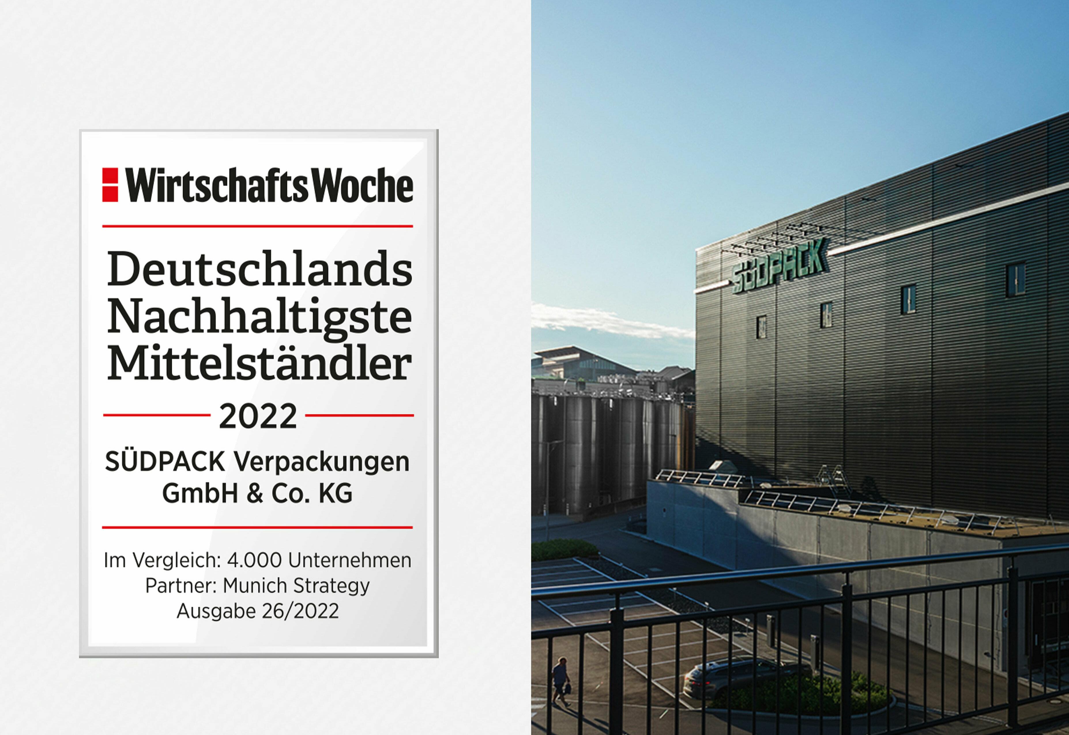 Bild zeigt SÜDPACK Logo mit dem Text "Top 50 nachhaltigste Mittelständler in Deutschland"