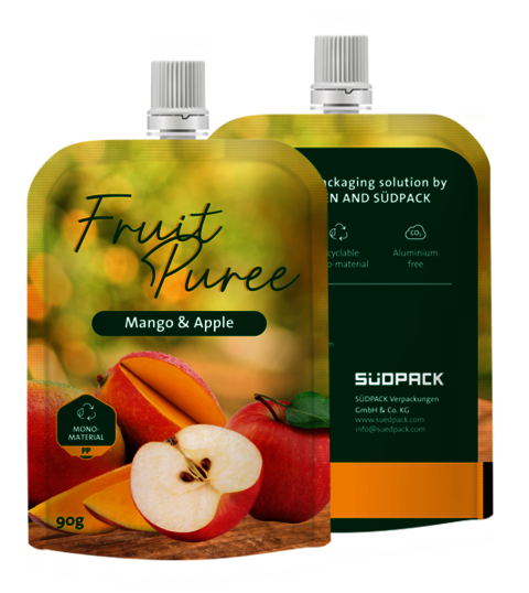Spouted pouch packaging front and back with apple motif.