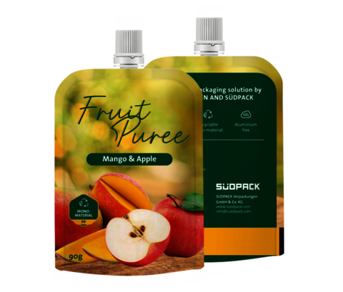Spouted pouch packaging front and back with apple motif.