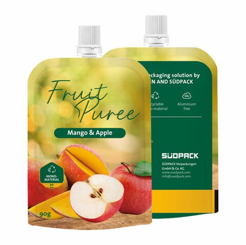 Standbodenbeutel mit Spout Verpackungsfront und Verpackungsrückseite mit Apfelmotiv.