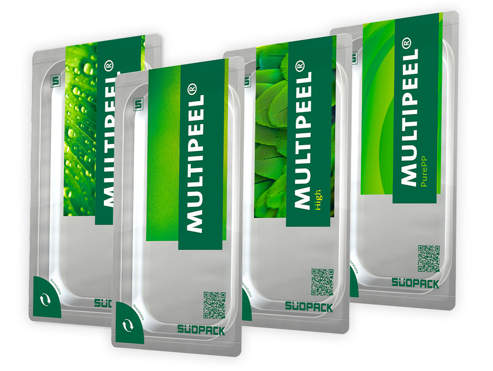 This image showcases the portfolio of Multipeel® film packaging by SÜDPACK – Resealable packaging solutions for extended shelf life