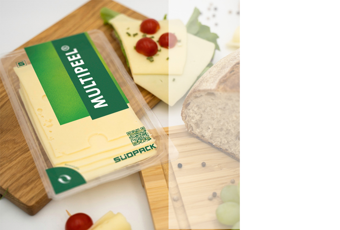 This image shows a resealable Multipeel cheese packaging by SÜDPACK: Peel-Sealing for extended freshness and shelf life