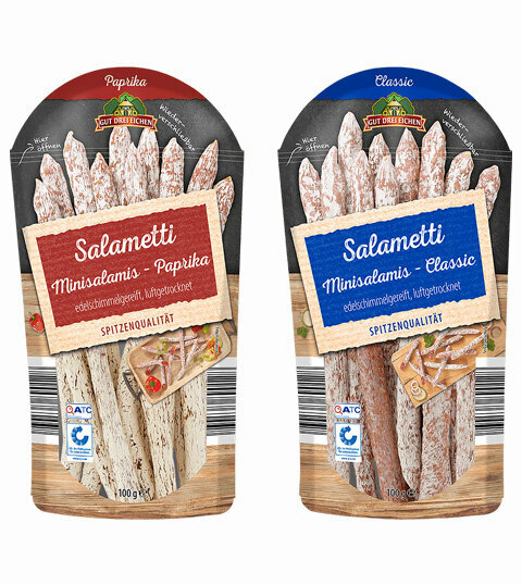 Doypack packaging with salami sticks on the cover