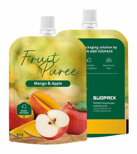 Standbodenbeutel mit Spout Verpackungsfront und Verpackungsrückseite mit Apfelmotiv.