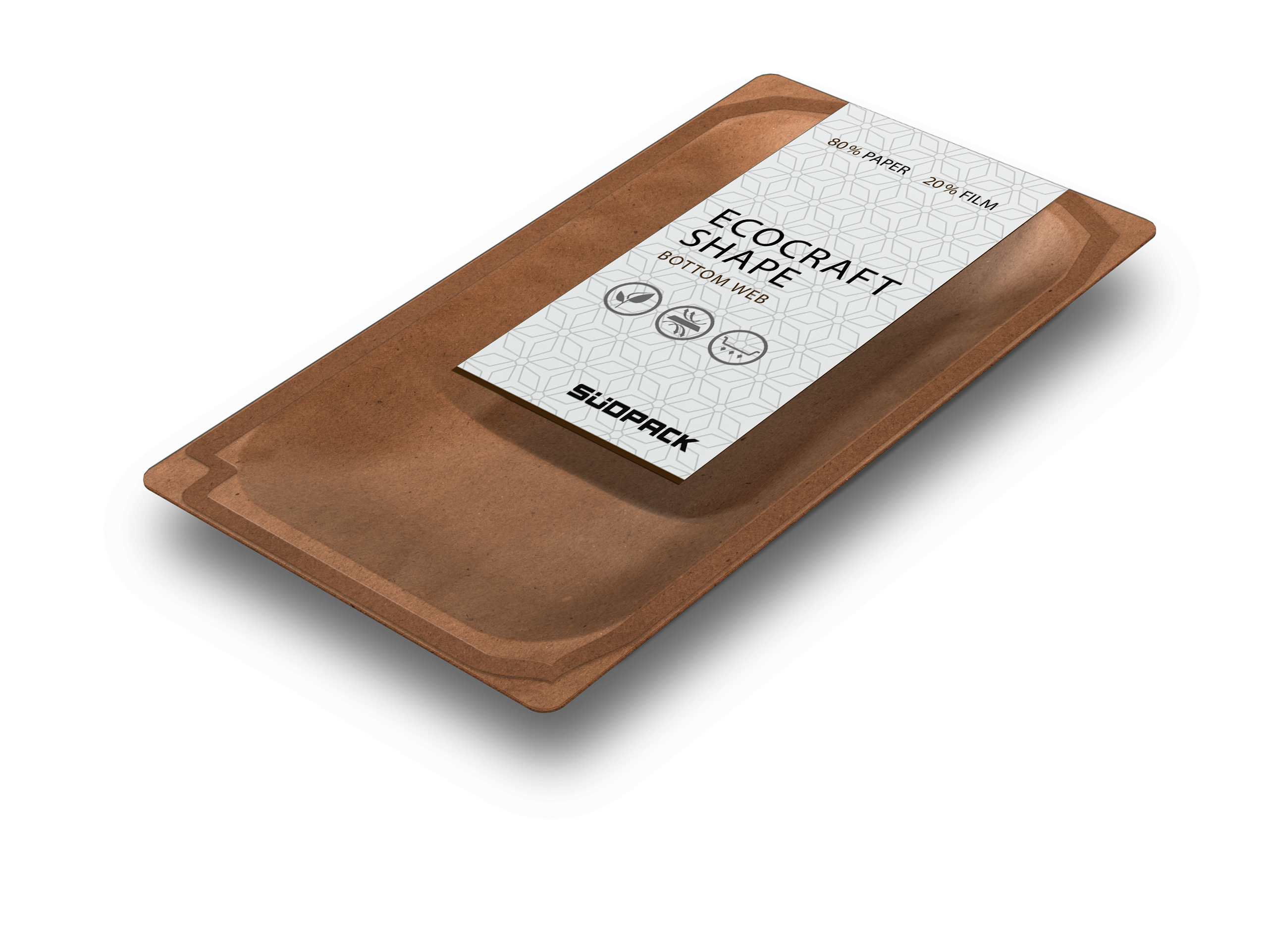 Packshot der Ecocraft Shape von SÜDPACK - Papierfaserbasierte Unterbahn für Skinverpackungen aus nachwachsenden Ressourcen