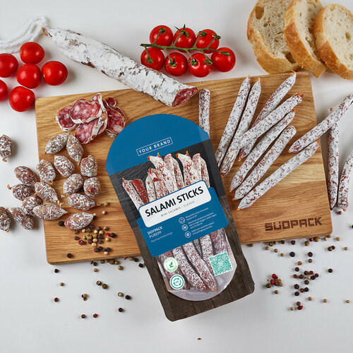 Doypack Verpackung mit Salami(-Sticks)