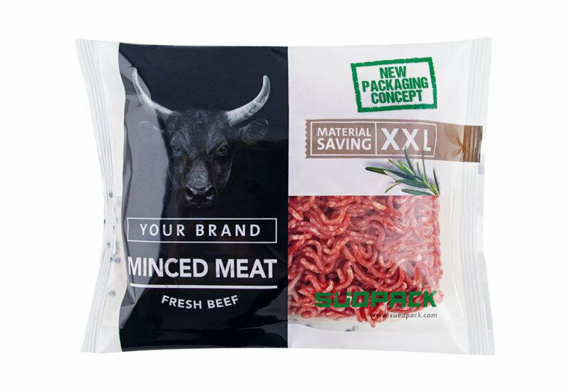 Image depicts sustainable packaging solution Flow Pack PurePP for minced meat by SÜDPACK at Empack