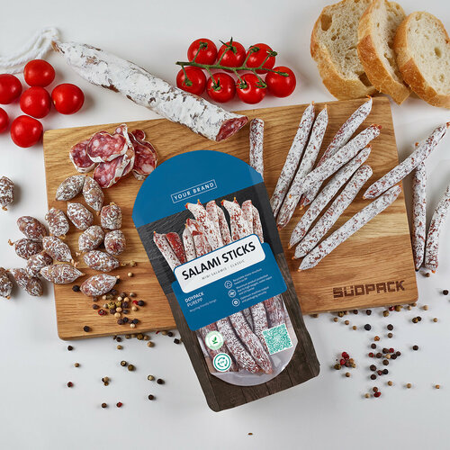 Doypack packaging with salami (sticks)