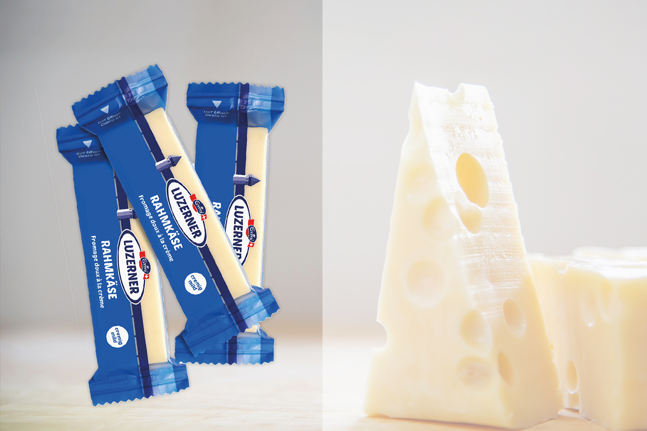 Emmi Käse (links verpackter Käse und rechts unverpackter Käse)