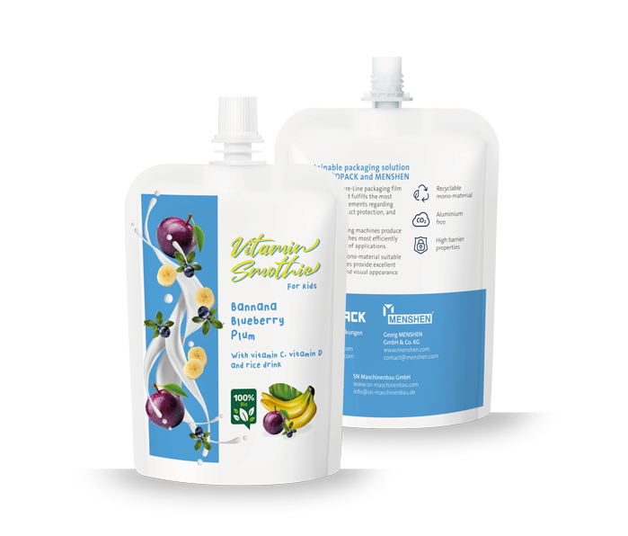 Spoutbeutel Packshot (Vorder- und Rückseite)