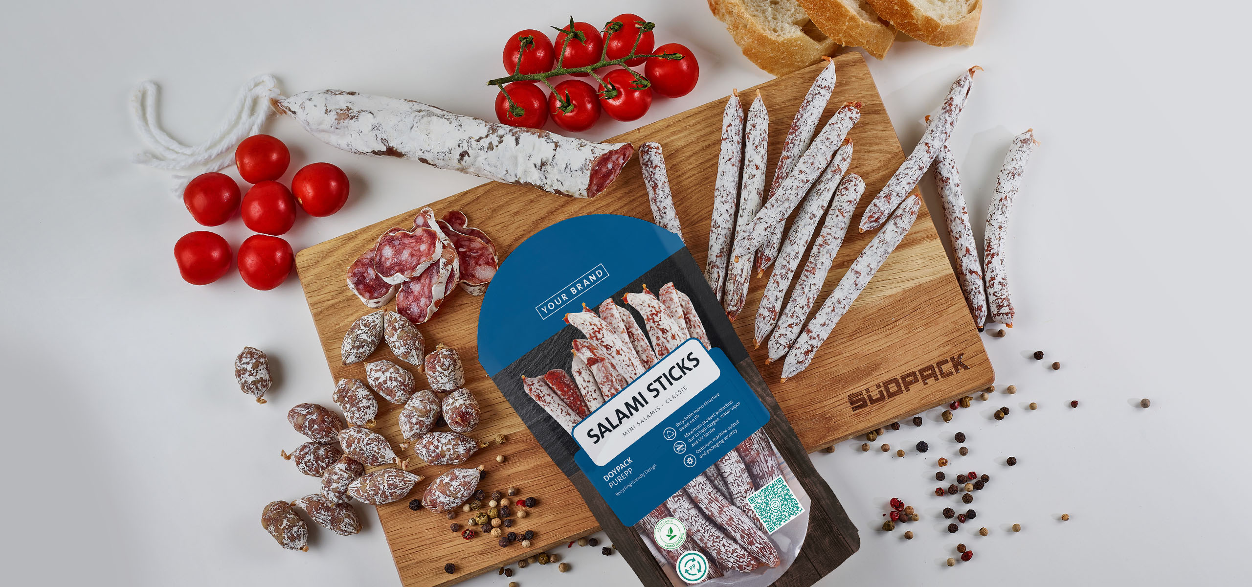Doypack packaging with salami (sticks)